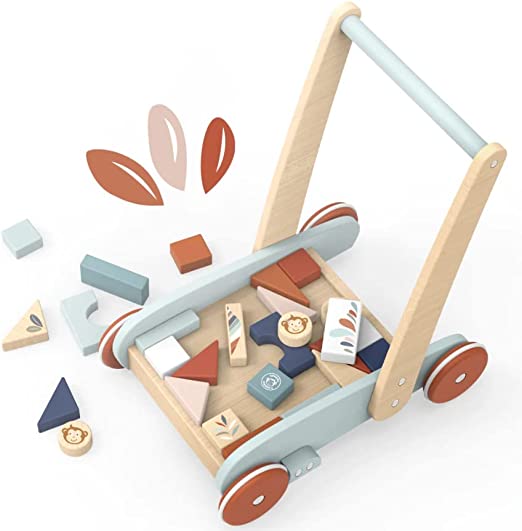 Image of Carrello Primi Passi Cubetti Carrello Primi Passi Legno Montessori Carrello Multi attività a Spinta con Scomparto per Bl