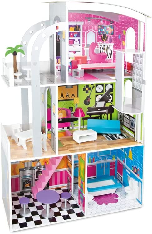 Image of Casa delle Bambole in Legno con Ascensore Grande Casa delle Bambole di Legno con Accessori mobili Piani Inclusi 2-6 Anni