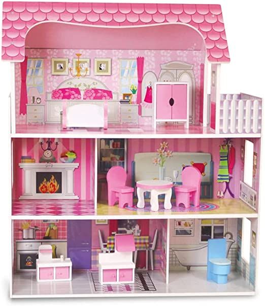 Casa delle Bambole in Legno Piccola Casa delle Bambole di Legno con Accessori mobili Piani Inclusi 60 x 24 x 71 cm LxPxA