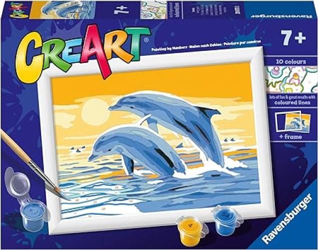 Ravensburger - CreArt Serie E: Delfini Amici, Kit per Dipingere con i Numeri, Contiene una Tavola Prestampata, Pennello, Colori e Accessori, Gioco Creativo per Bambini 7+ Anni