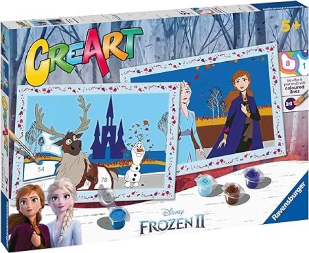 Ravensburger - CreArt Serie Junior, Frozen II, Kit dipingere con i Numeri, contiene 2 tavole prestampate, Pennello, Colori, Gioco Creativo per maschi e femmine dai 5+ anni di eta