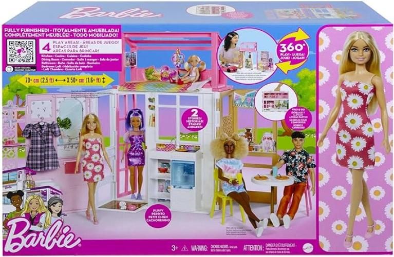 Barbie - Playset con Bambola e Casa a 2 Piani con 4 Aree Gioco, Arredata, con Cagnolino e Accessori, Giocattolo per Bambini 3+ Anni, HCD48