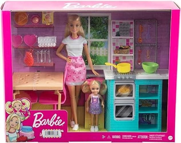 Barbie - Sisters Baking, Playset per Divertirsi in Cucina con Bambole Barbie e Chelsea e 15 Accessori a Tema, Servizio da Pranzo Incluso, Giocattolo per Bambini, 3+ Anni, HBX03