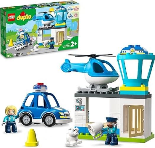 LEGO DUPLO Stazione Di Polizia ed Elicottero Giocattolo, Set per Bambini dai 2 Anni in su, Giochi Educativi con Macchina con Luci e Sirene 10959