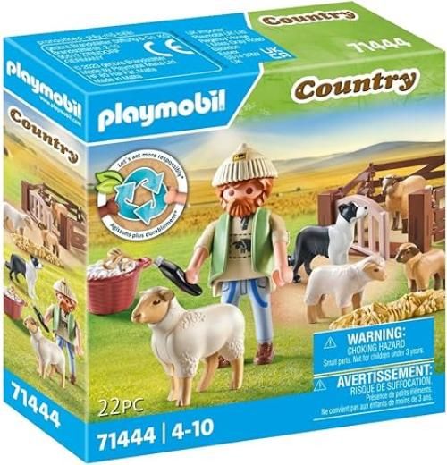 Playmobil Country 71444 Pastore con gregge, con un border collie, un tosatore e paglia, giochi di ruolo divertenti, giocattolo sostenibile per bambini dai 4 anni in su