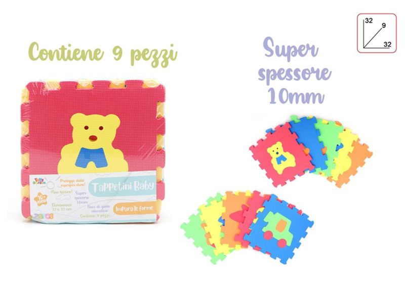 Tappetini Baby-Tappeto Puzzle 9 pezzi con forme, 32x32cm, per bambini dai 10 mesi in su