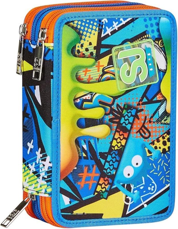 Astuccio SJ Gang Astuccio Scuola 3 Zip Blu Sphere Full Boy Portapenne Triplo Scomparto Completo Di