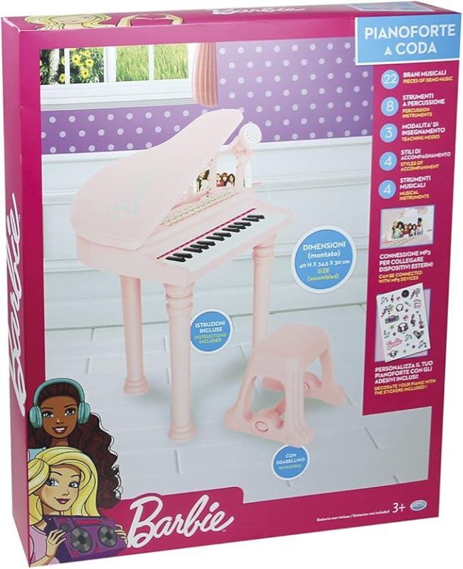 Barbie, pianoforte a coda con sgabello e tanti accessori, Rosa,ODS, Eta 3+