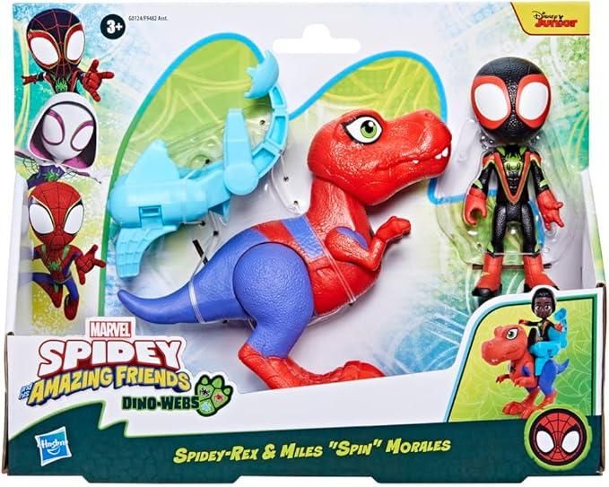 Spidey e i Suoi Fantastici Amici, Dino-Webs, Set con Action Figure Spider-Man di Spidey-Rex e Miles Spin Morales,Hasbro,Eta 3+