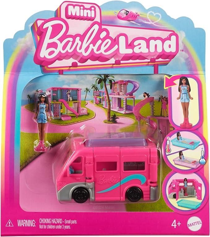 Barbie,Mini BarbieLand - Set mini Camper dei Sogni e bambola, playset bambola 3,8 cm e veicolo con sorpresa cambia colore in acqua calda e fredda,Mattel,Eta 4+