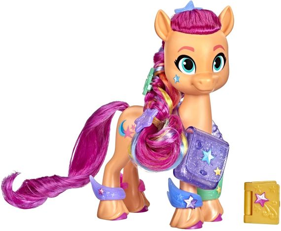 My Little Pony: Una Nuova Generazione, Sunny Starscout Rainbow Reveal, pony giocattolo arancione da 15 cm con treccia arcobaleno, 17 accessori