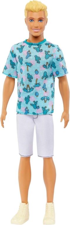Barbie - Bambola Ken Fashionistas n. 211, dai capelli biondi con look alla moda, t-shirt con cactus, pantaloncini bianchi e sneakers, giocattolo per bambini, 3+ anni, HJT10