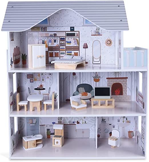  Casa Delle Bambole In Legno Casa delle bambole di legno Con Accessori mobili Piani Inclusi 2-6 anni Gioco Fai Te Dollhouse Grande 62x27x70cm(h)