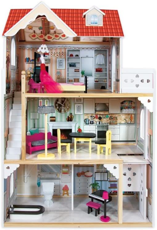 Casa Delle Bambole In Legno xxl Casa delle bambole di legno Con Accessori mobili Piani Inclusii Ascensore 2-6 anni Gioco Fai Te Dollhouse Grande 80x35x120(h)