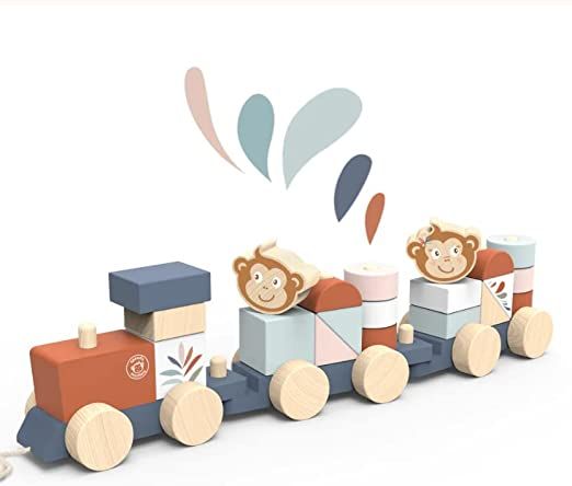 Trenino in Legno Trainabile trenino in legno per bambini Locomotiva e Vagoni a Ruote Trainabili con Spago Treno Giocattolo
