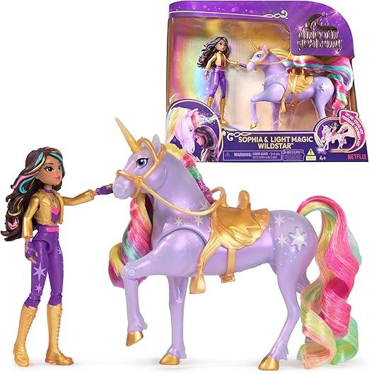 Image of Unicorn Academy, Sophia &amp; Light Magic Wildstar con Effetto Magica Luce dell`Arcobaleno, 2 Accessori per l`Equitazione,Sp