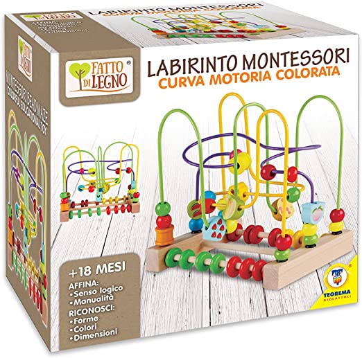 Image of Teorema Giocattoli- Labirinto Didattico Montessori in Legno, Giocattolo per Bambini con Curve Motorie Colorate e Perline